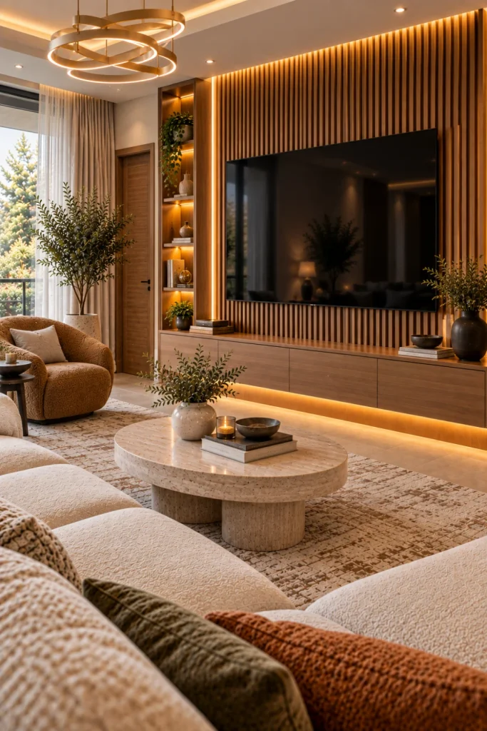 Modern TV wall with vertical wood slat panels, warm LED lighting, floating console, contemporary seating, textured carpet, and luxury décor.