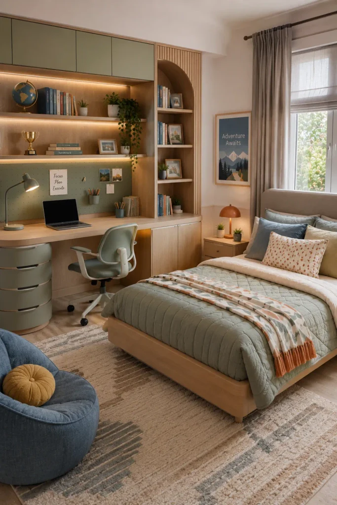 Modern tween bedroom with elevated study zone, built-in desk, ergonomic chair, wall shelving, warm neutrals, sage green, dusty blue, and 2026 decor.