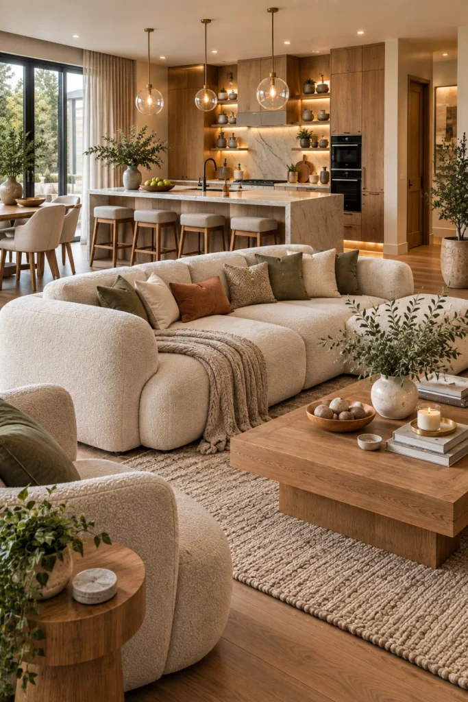 Warm oak open concept kitchen and living room with a large marble island, cream boucle sofa, natural textures, layered lighting, modern cabinetry, neutral rug, and elegant contemporary decor.