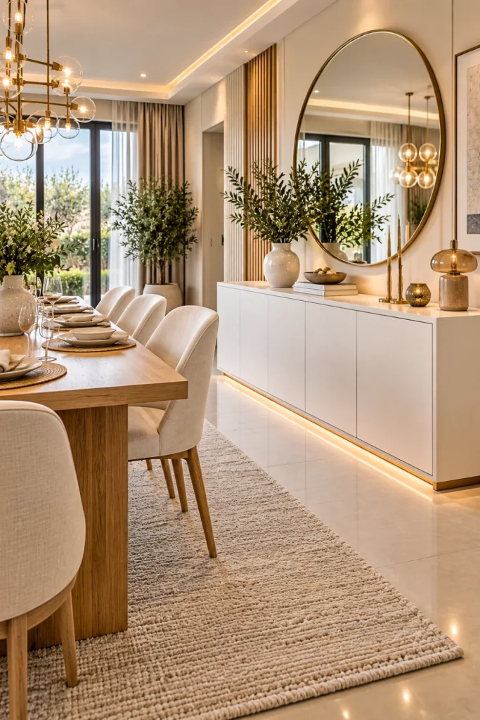 Bright modern white sideboard with contemporary dining table, neutral decor, natural light, elegant mirror, and sophisticated luxury dining room styling.