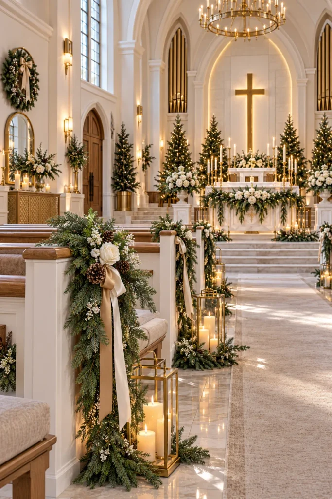 Modern white and gold winter church sanctuary featuring evergreen greenery, candlelight, elegant pews, and sophisticated contemporary décor.
