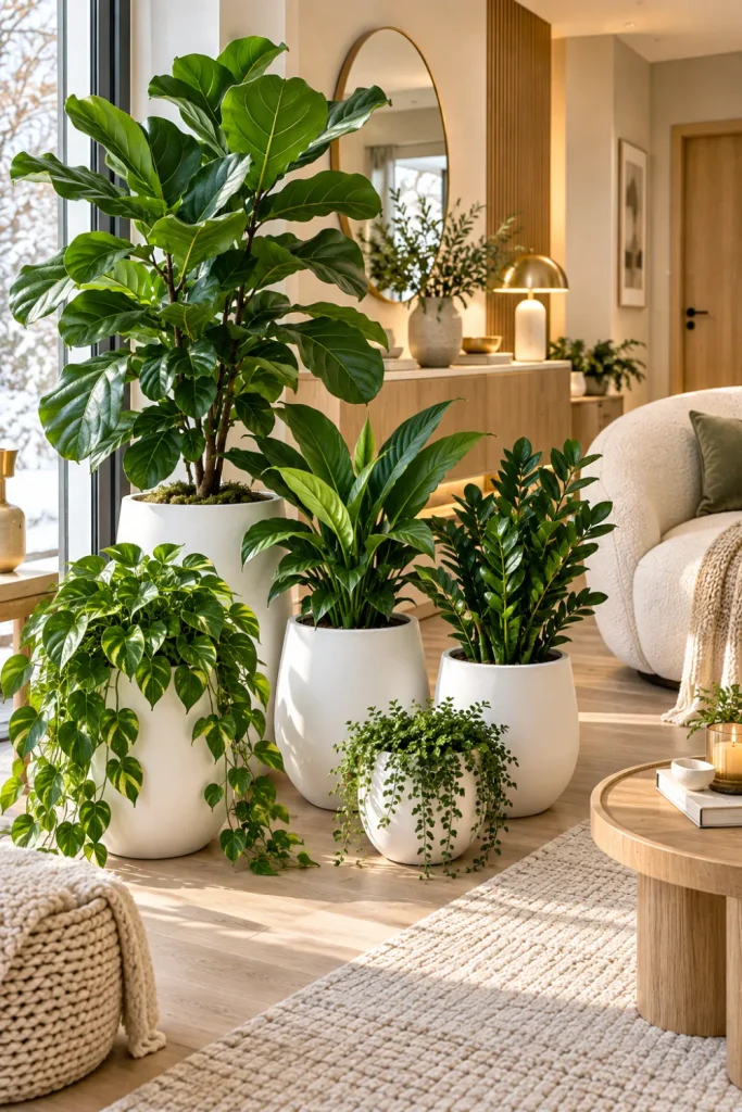 Modern white planters filled with lush green indoor plants in a clean contemporary winter garden with light wood, neutral decor, and modern lighting.