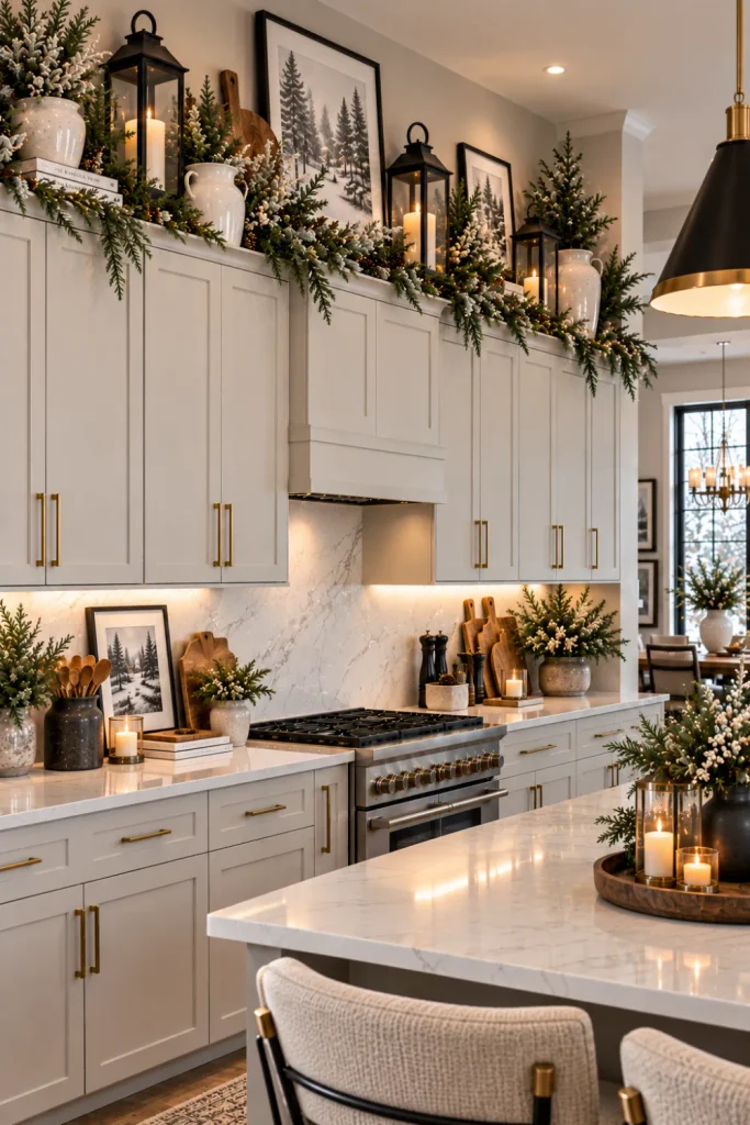 Black-and-white modern winter decor above kitchen cabinets with greenery, ceramic accents, brass details, and contemporary lighting.