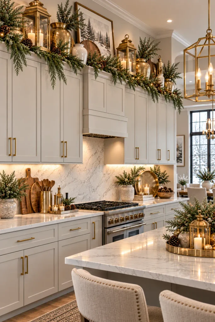 Modern winter cabinet decor styled with brass, gold, ivory ceramics, evergreen greenery, and luxurious contemporary kitchen accents.