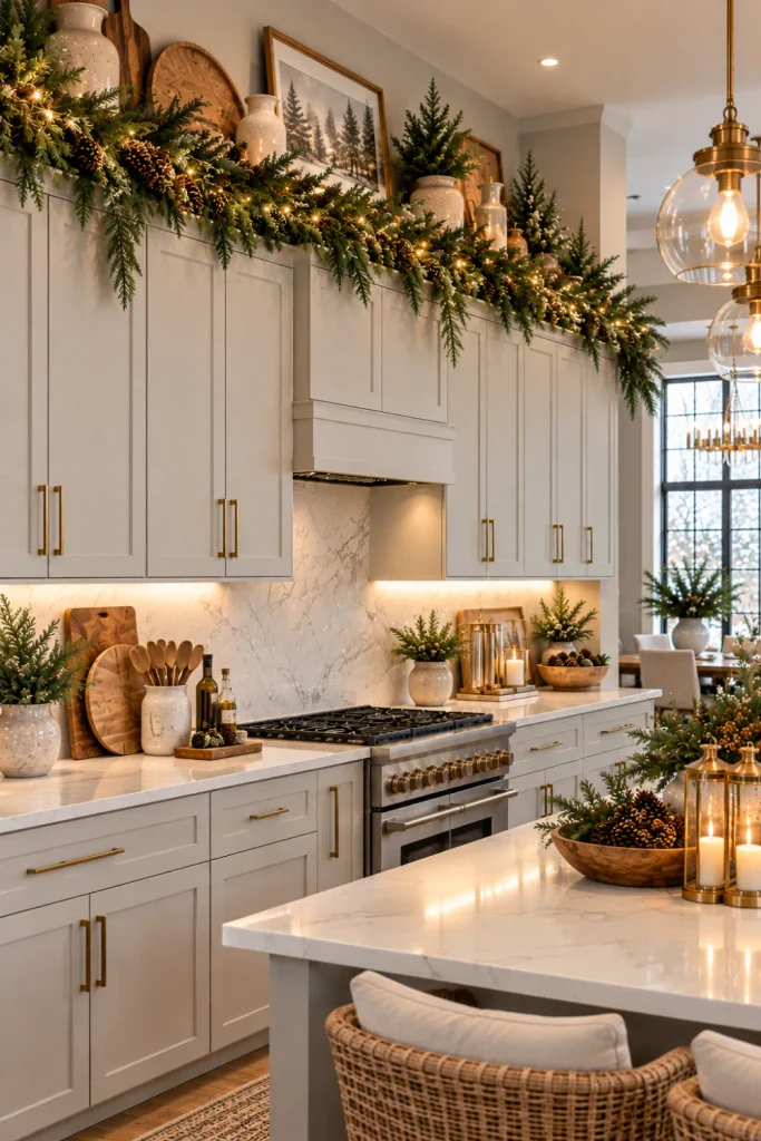 Classic pine garland with subtle warm string lights decorating modern kitchen cabinets in an elegant winter interior.