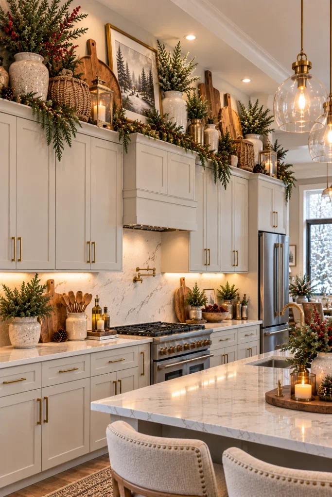 Cozy modern winter statement decor above kitchen cabinets combining layered greenery, textured pottery, warm lighting, wood, and varied heights.