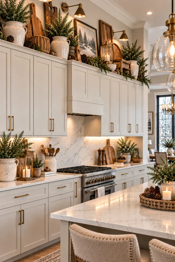 Modern farmhouse winter decor above kitchen cabinets with ceramic crocks, layered wooden boards, evergreen sprigs, and warm neutral styling.