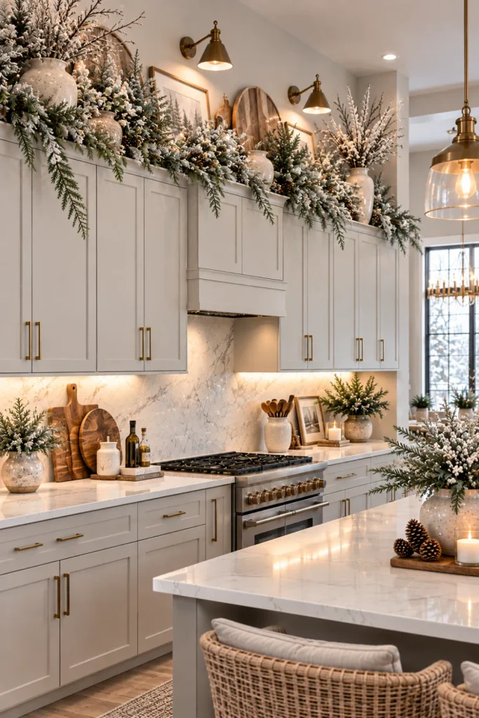 Elegant modern winter decor above kitchen cabinets with frosted branches, soft white greenery, neutral ceramics, and warm contemporary lighting.
