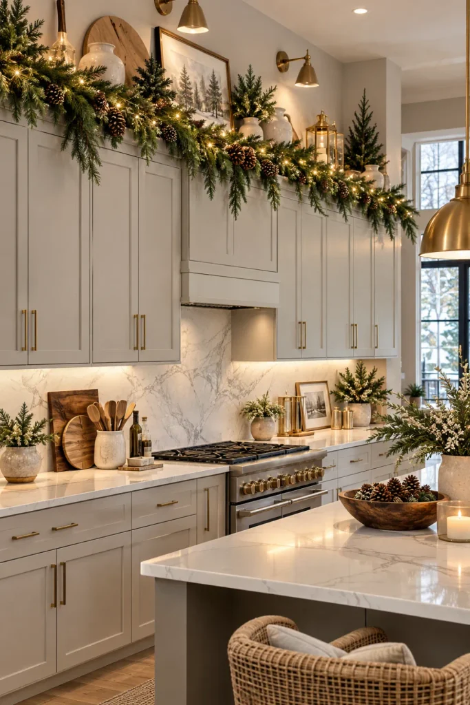 Modern winter decor above kitchen cabinets with layered evergreen garland, warm lights, neutral ceramics, and contemporary styling.
