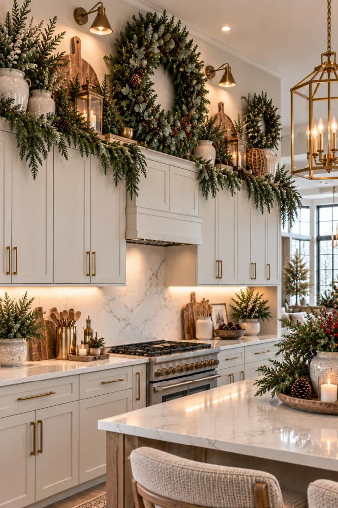 Modern winter kitchen featuring layered wreaths and oversized evergreen greenery above cabinets with elegant neutral decor and warm lighting.