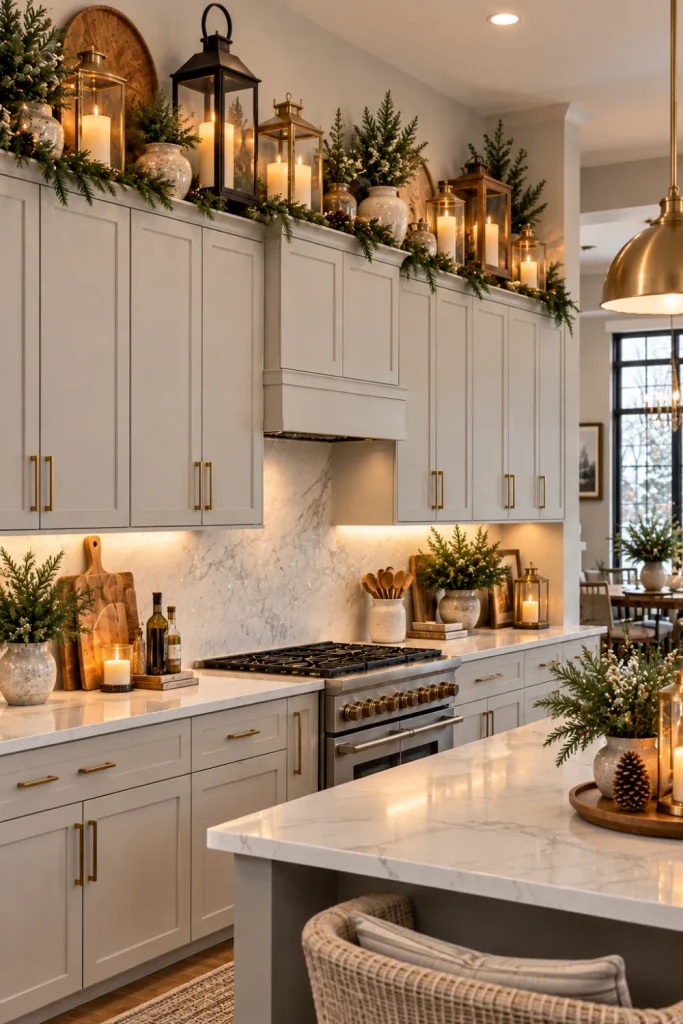 Chic modern winter kitchen with minimalist candle lanterns above cabinets, neutral greenery, brass accents, and warm lighting.