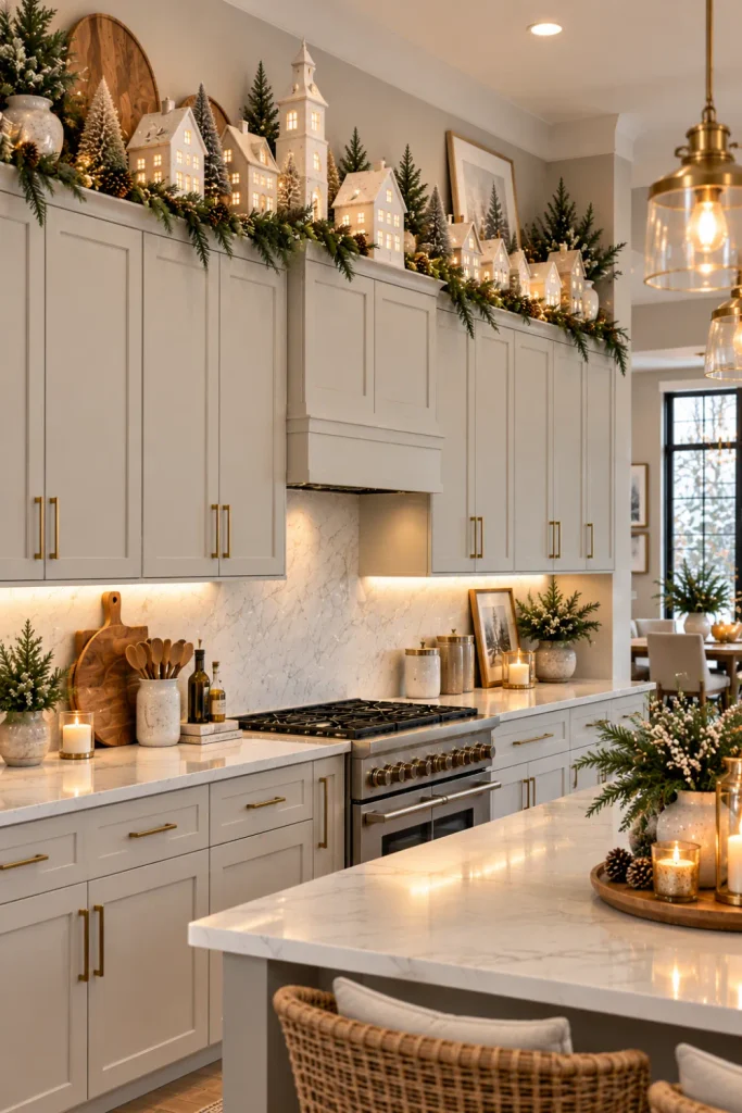 Modern winter decor above kitchen cabinets featuring neutral ceramic houses, miniature winter village pieces, greenery, and soft lighting.