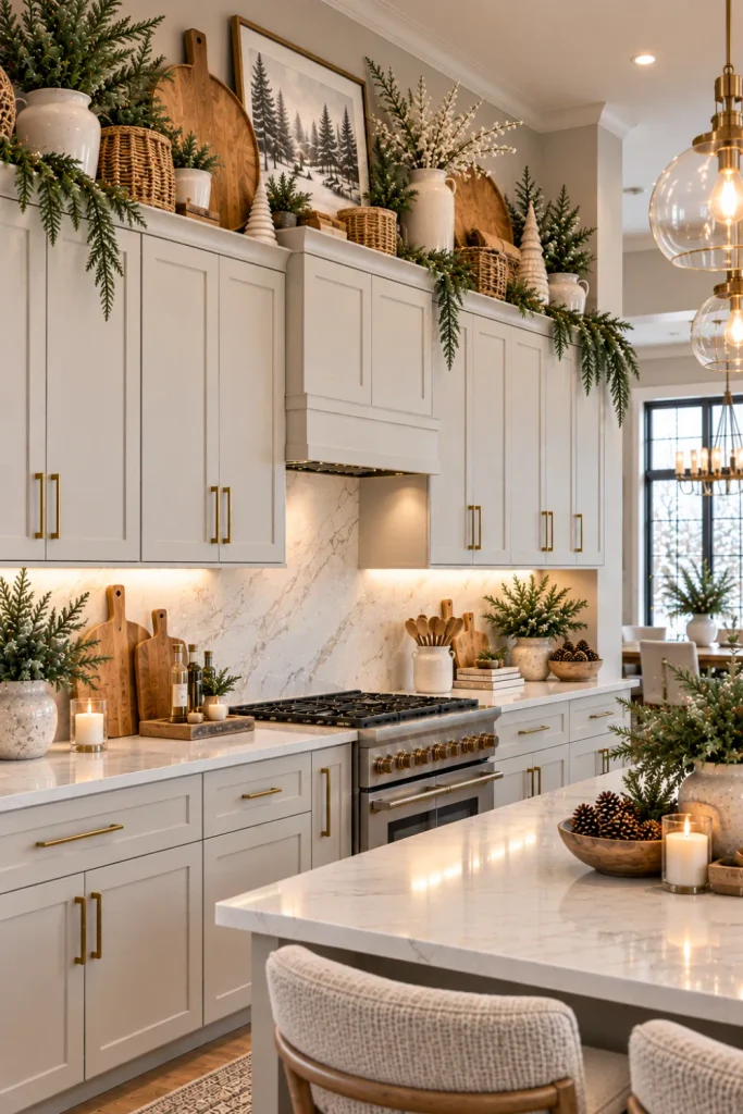 Nordic-inspired modern winter decor above kitchen cabinets with white ceramics, cream accents, pale wood, evergreen greenery, and warm lighting.