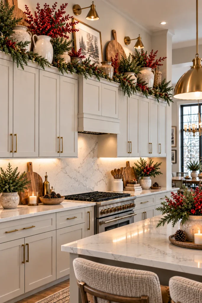 Sophisticated modern winter kitchen with red berry sprigs, evergreen greenery, cream pottery, and elegant cabinet decor.