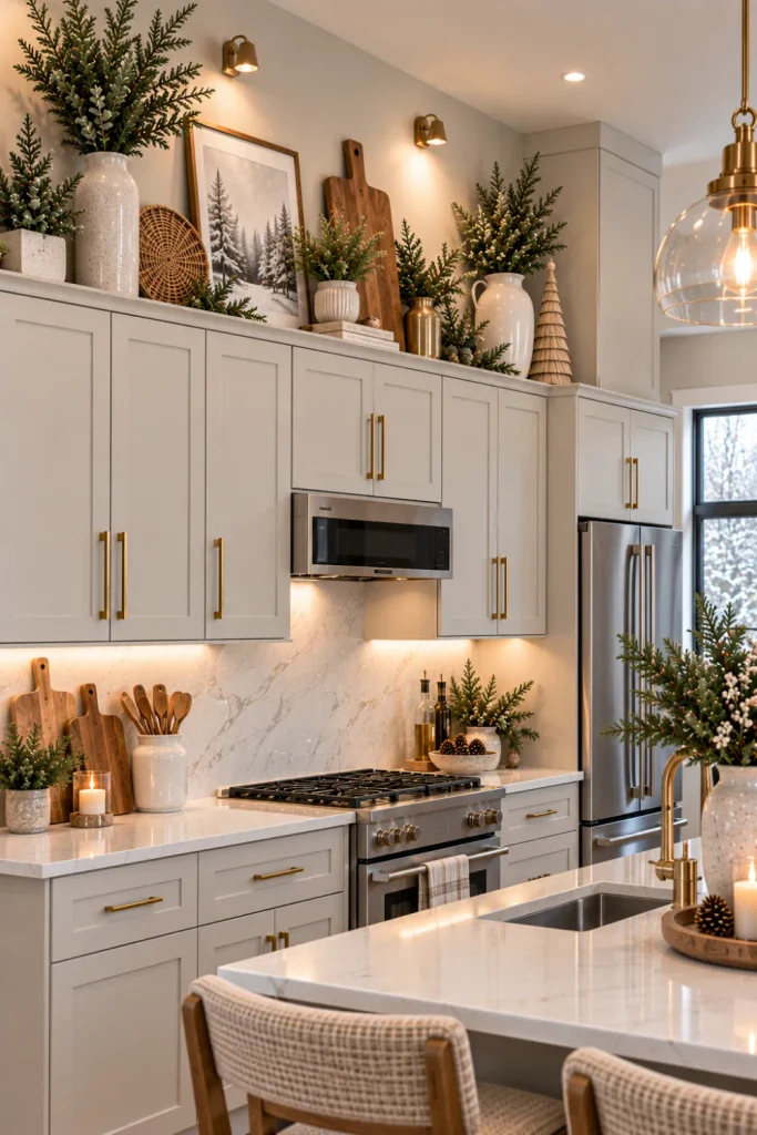 Small-space modern winter decor above kitchen cabinets using vertical greenery, tall ceramics, and carefully layered neutral accents.
