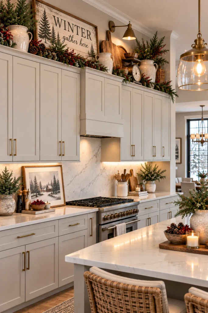 Modern winter kitchen cabinet decor featuring a vintage winter sign, ceramic crocks, wood accents, and evergreen greenery.