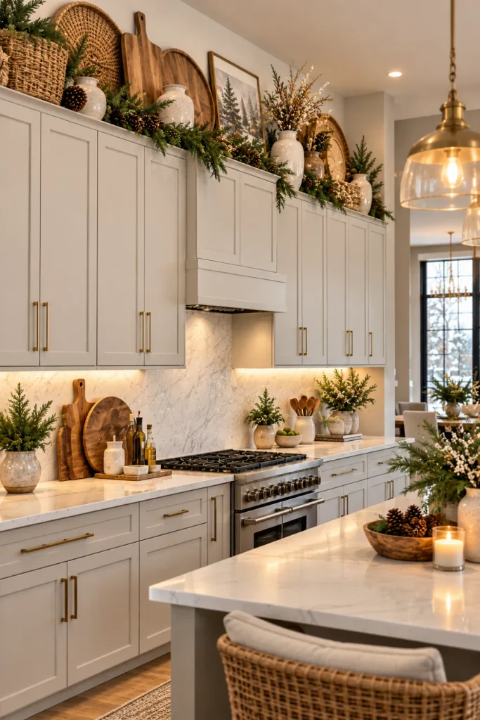 Modern winter kitchen styled above cabinets with wooden trays, woven baskets, natural greenery, and warm neutral textures.