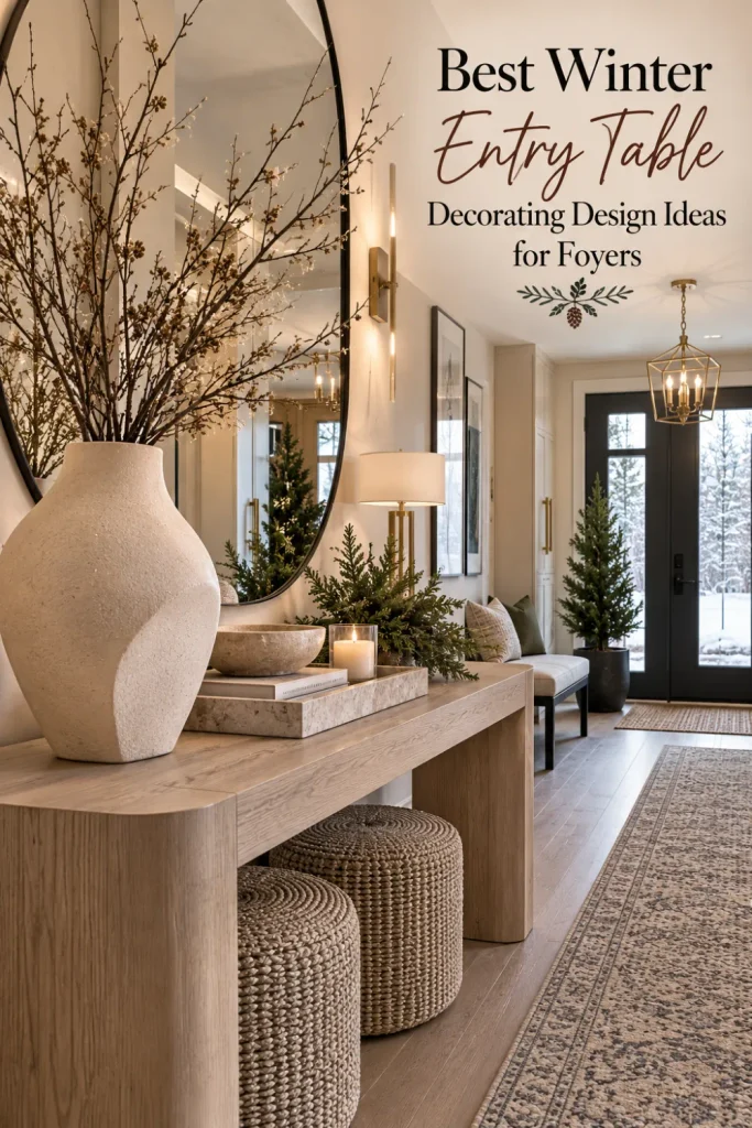 Modern winter entry table with neutral decor, sculptural vases, dried branches, contemporary mirror, and sophisticated foyer styling.