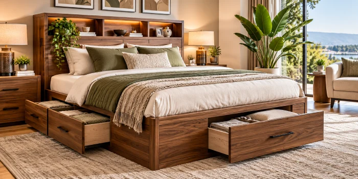 Modern wood bed frame with built-in storage in a stylish contemporary bedroom with warm natural textures and refined decor.