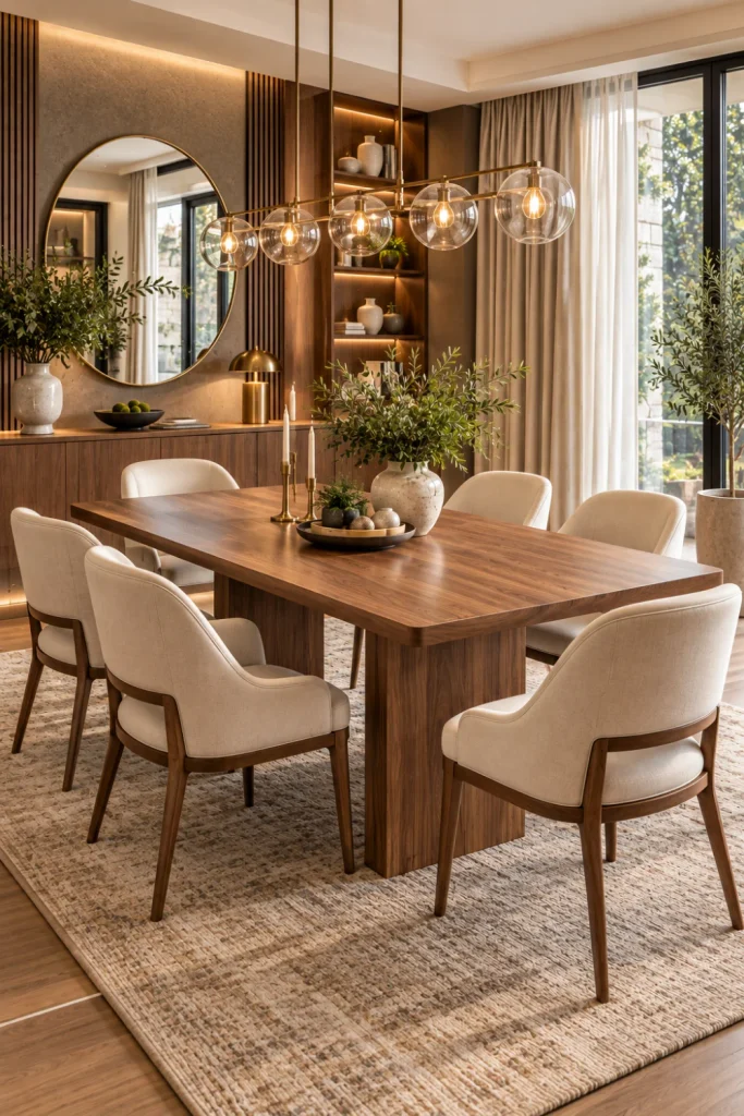 Modern wood dining room set with warm natural finishes, upholstered chairs, contemporary lighting, and elegant décor.
