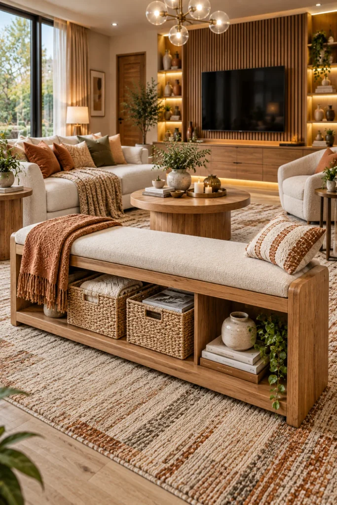 Modern oak living room bench with open lower shelves and woven baskets, styled beside a contemporary sofa, textured rug, wood feature wall, and illuminated media cabinetry.