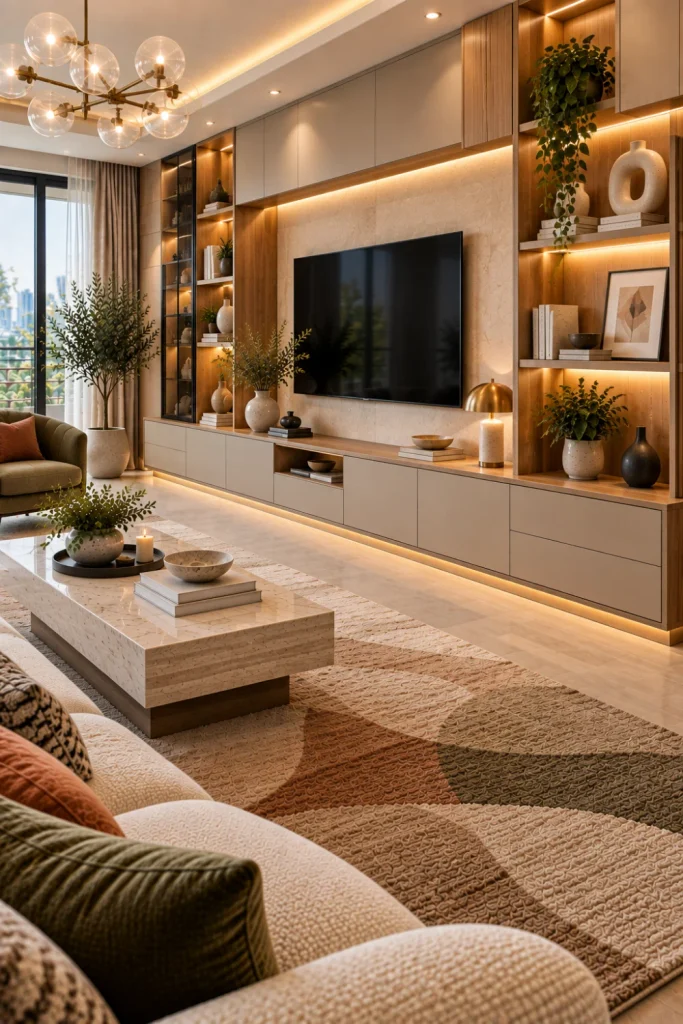 Modular console storage cabinet combining open shelves and closed units in a stylish modern living room with contemporary seating, warm lighting, and layered décor.