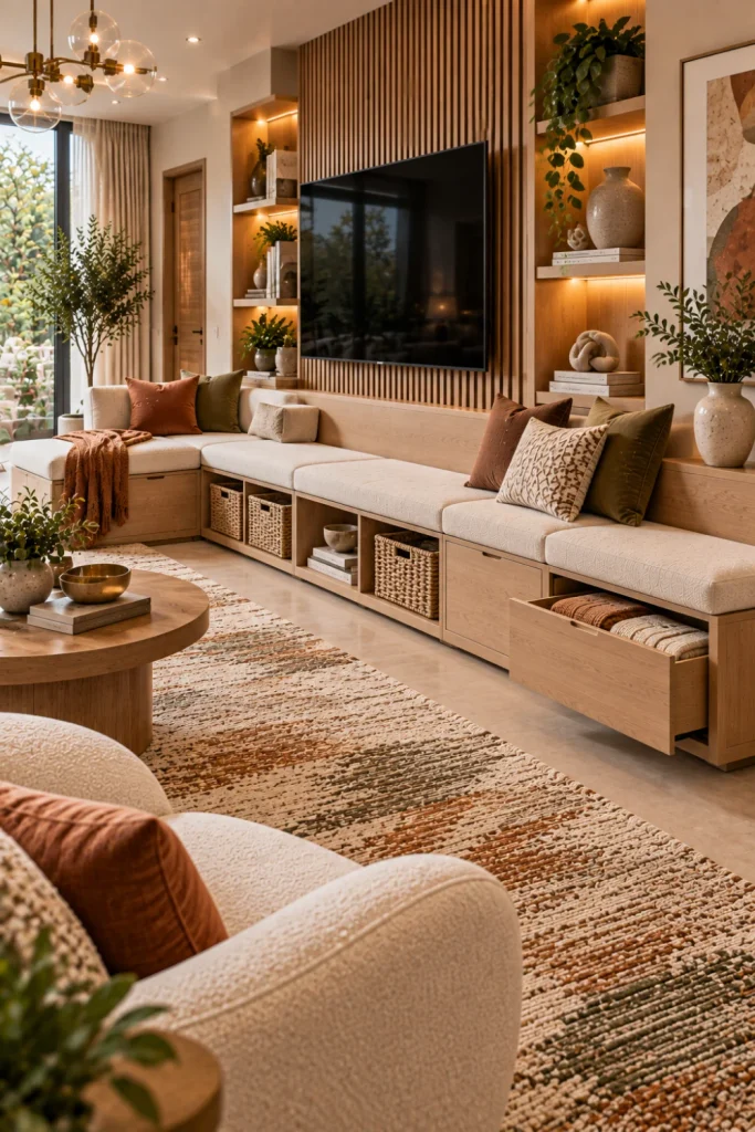 Modern modular living room bench system combining upholstered seating, open cubbies, closed storage, woven baskets, a cream sofa, oak furniture, a textured rug, and illuminated cabinetry.