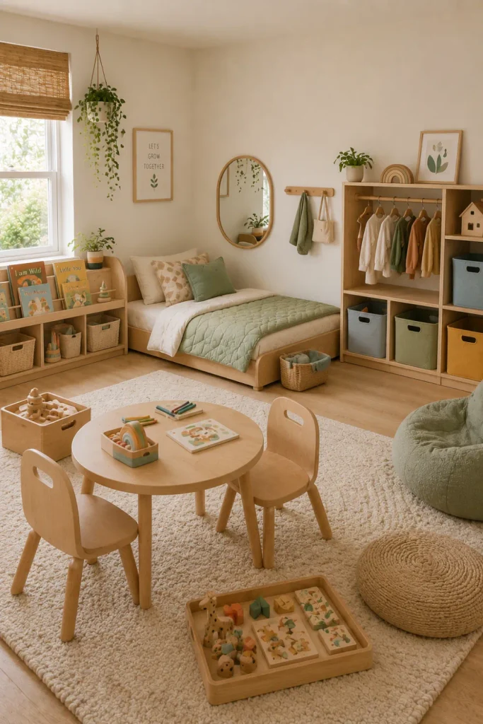 Montessori-inspired modern kids’ room with low-level shelves, accessible toy storage, floor bed, natural wood, warm neutral colors, and 2026 decor.