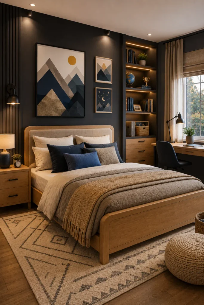 Moody charcoal boy’s bedroom with warm wood furniture, cream bedding, cozy layered lighting, blue accents, and modern 2026 kids’ room decor.