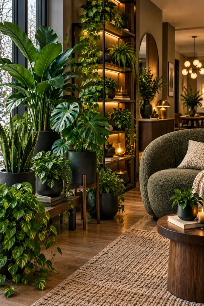 Moody greenhouse-style indoor plant nook with deep green foliage, dark planters, warm wood accents, ambient lighting, and modern winter decor.