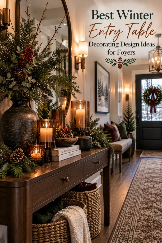 Moody winter entry table with dark wood, amber candles, lush evergreen, bronze accents, and dramatic modern 2026 foyer styling.