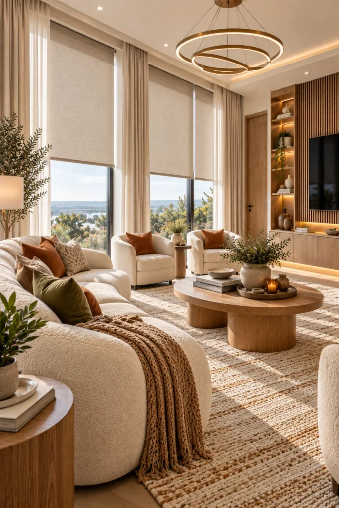 Sophisticated contemporary living room with motorized ivory Roman shades covering large windows, curved cream sofa, oak coffee table, luxury textured carpet, fluted wood TV wall, integrated warm cabinet lighting, and modern chandelier.