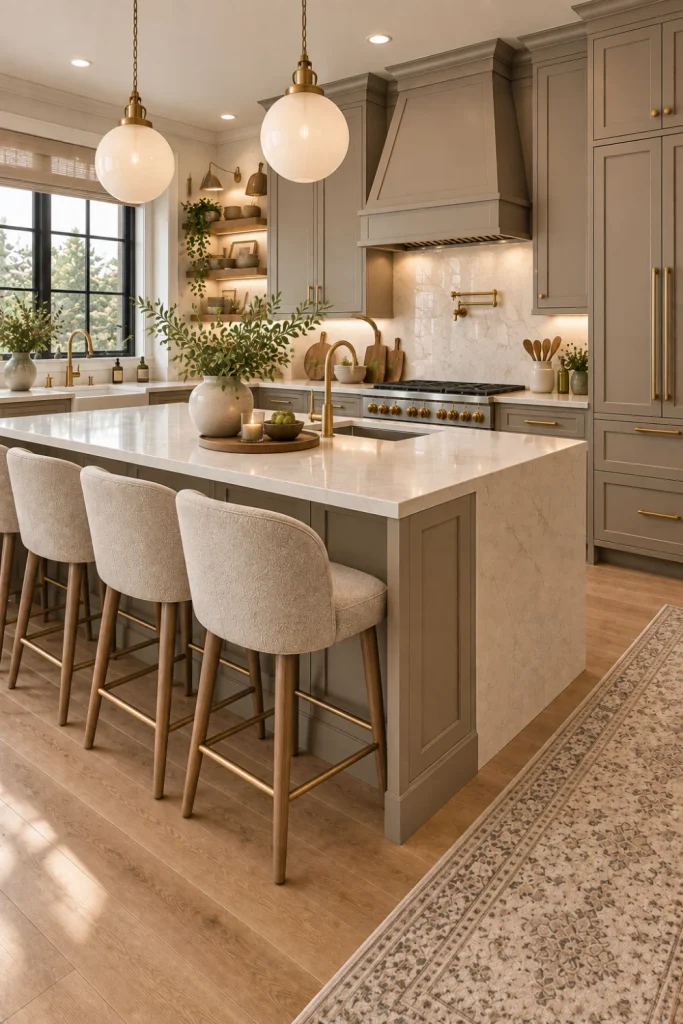 Mushroom taupe painted kitchen cabinets with creamy stone counters, natural oak details, brass hardware, textured decor, modern pendant lights, and warm neutral styling.