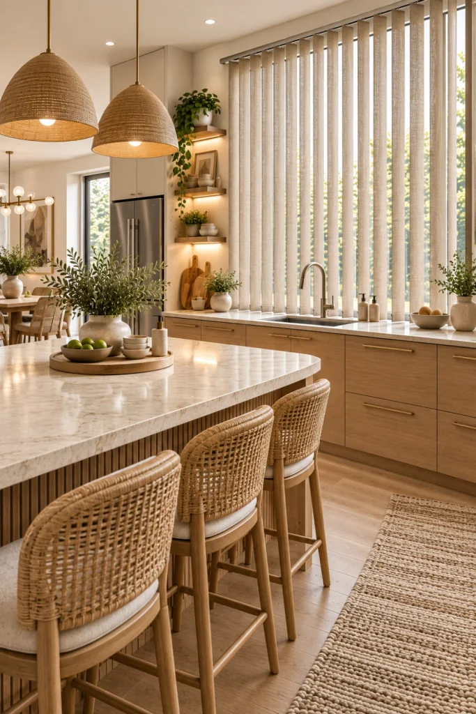 Organic modern kitchen featuring natural-inspired vertical blinds in earthy beige tones, warm oak cabinetry, stone countertops, a woven rug, greenery, wood accents, soft LED cabinet lighting, and contemporary fixtures.