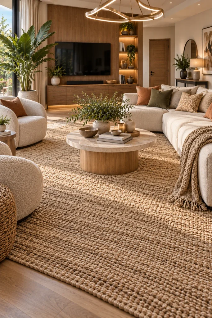 Natural jute-style carpet anchoring a luxurious modern living room with warm wood furniture, cream seating, greenery, contemporary lighting, and organic neutral décor.