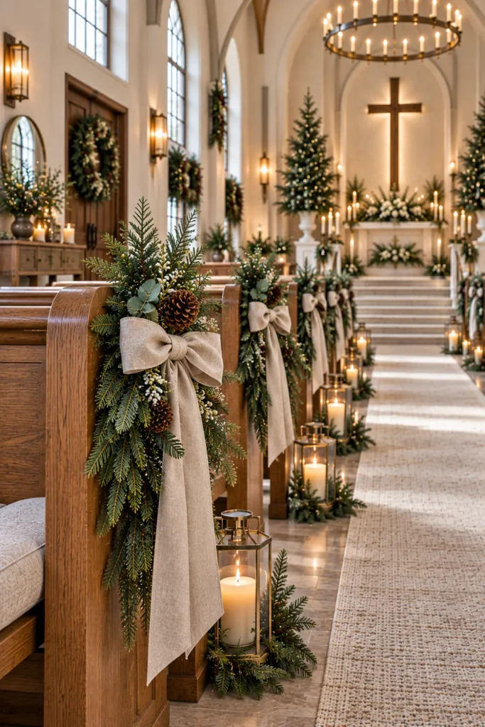 Natural linen and evergreen winter church pew décor with warm wood, neutral fabrics, greenery, modern lighting, and elegant contemporary styling.