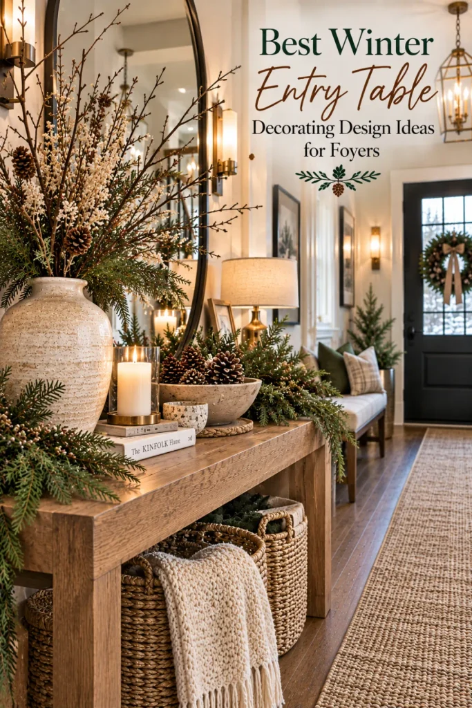 Natural winter entry table with dried branches, pine greenery, earthy ceramics, woven textures, and modern 2026 foyer decor.