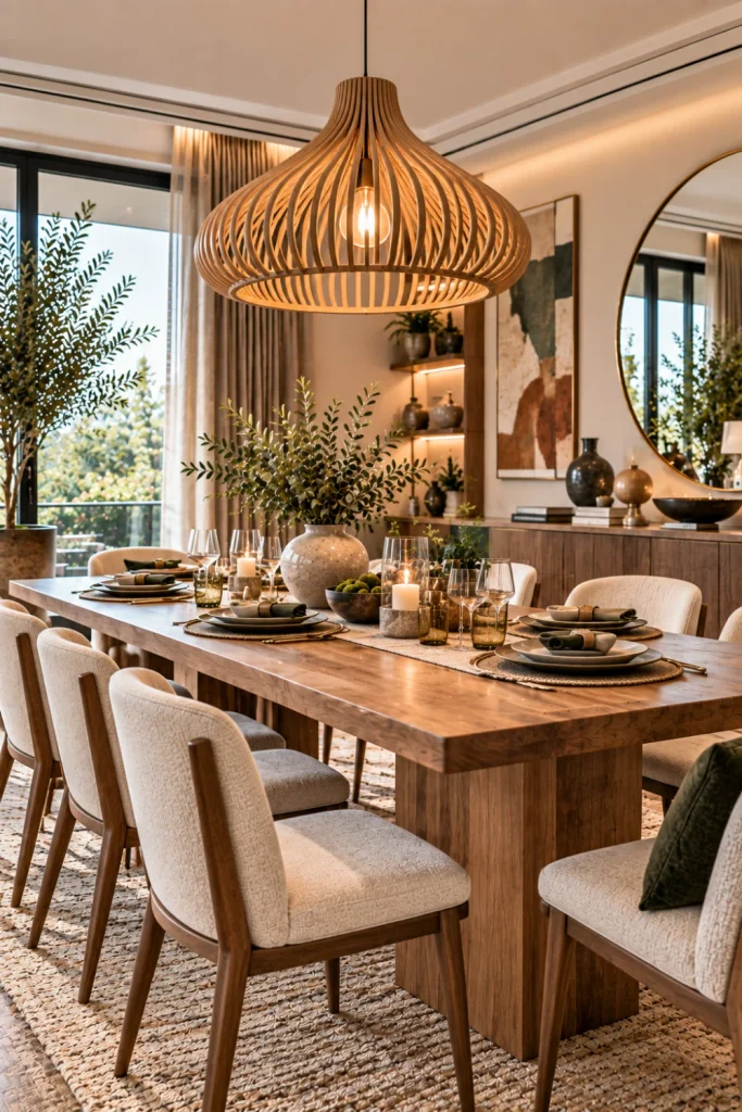 Natural wood dining light above a warm contemporary dining room with organic textures, modern furniture, greenery, and sophisticated neutral décor.