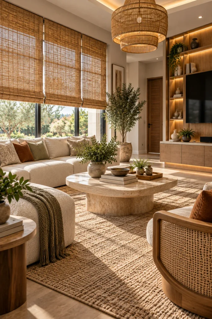Natural woven blinds in a warm modern living room featuring bamboo textures, wood furniture, neutral colors, plants, and contemporary luxury decor.
