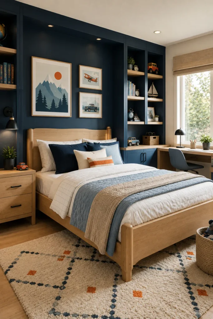 Modern boy’s bedroom with a navy blue accent wall, built-in storage, natural wood furniture, warm lighting, and stylish 2026 decor.