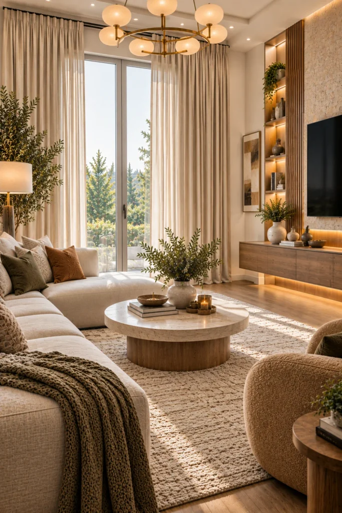 Timeless modern living room with neutral linen curtains, warm beige sofa, textured rug, contemporary wood furniture, layered lighting, and elegant décor.