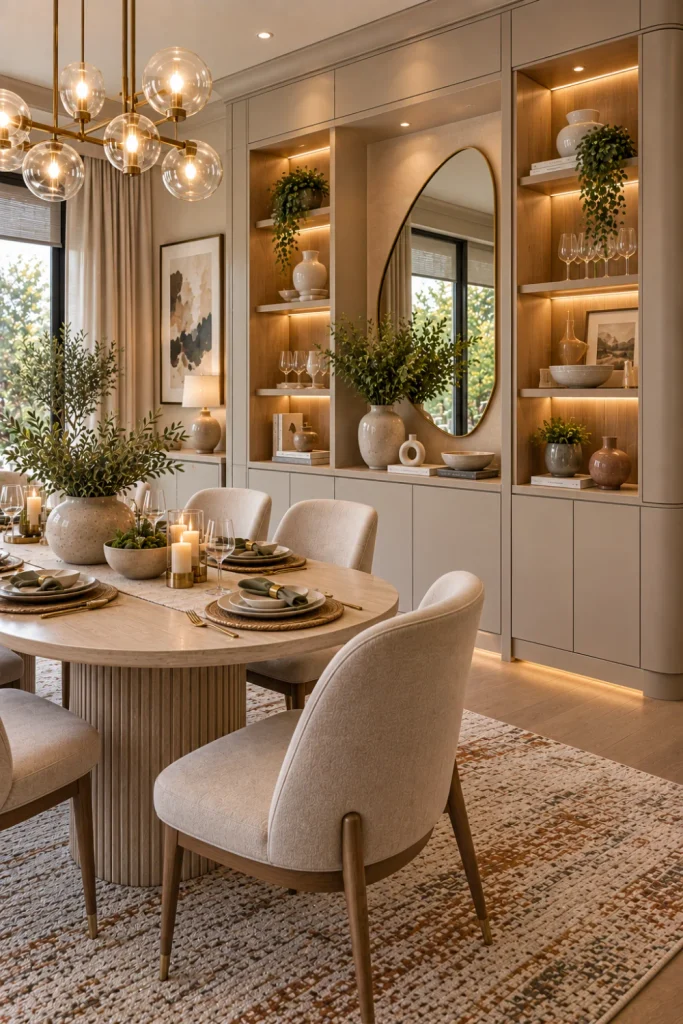 Neutral-tone designer dining room cabinet in cream and greige with elegant tableware, warm lighting, textured rug, mirror, chandelier, and refined modern decor.