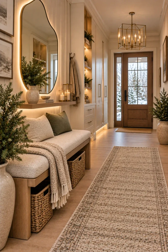 Neutral winter entryway in cream, beige, greige, and pale wood with a modern bench, textured runner, evergreen accents, baskets, mirror, and warm lighting.
