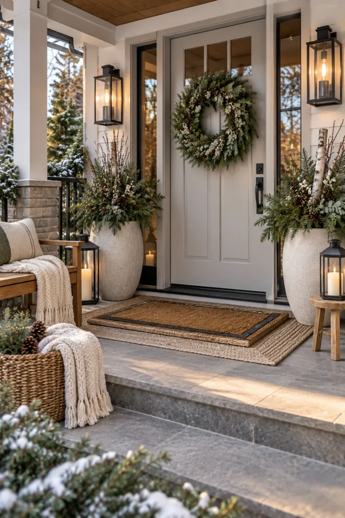 Neutral winter front porch featuring layered greenery, beige planters, warm lanterns, textured mats, and elegant understated décor.