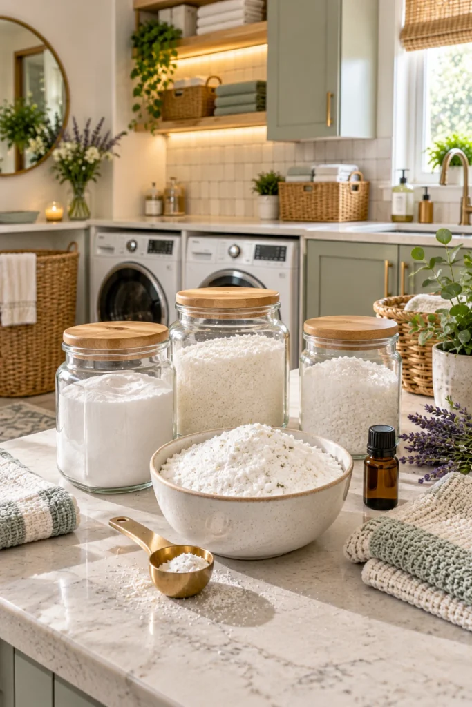 Bright contemporary laundry room showing a Borax-free homemade detergent mixture with baking soda, washing soda, Epsom salt, and optional essential oils in neatly organized containers.
