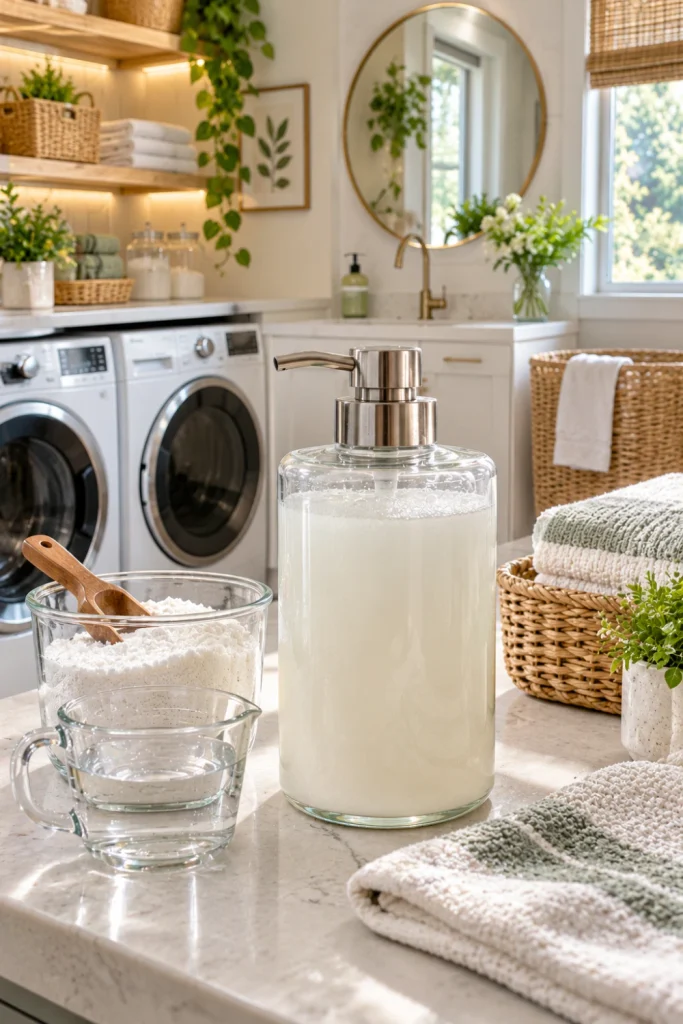 Modern laundry room with a clear dispenser of homemade liquid Castile soap detergent beside washing soda, warm water, folded towels, and minimalist laundry storage.