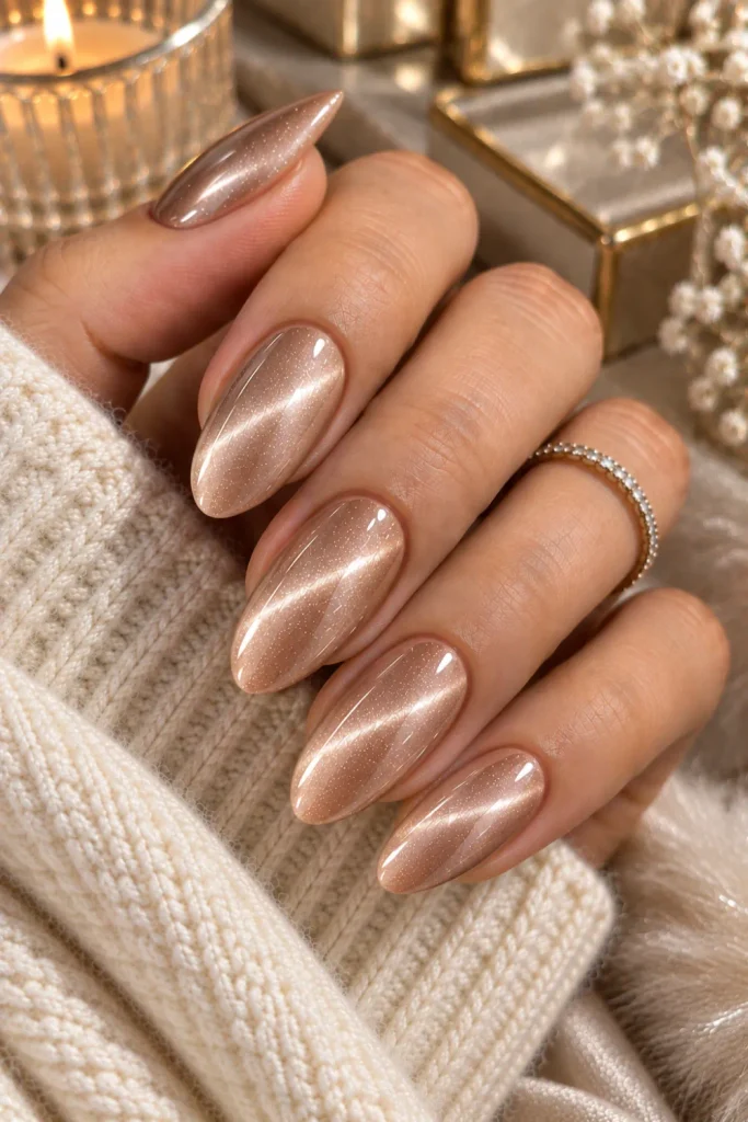 Nude cat-eye winter nails with subtle magnetic shimmer, glossy almond shape, neutral beige finish, and modern minimalist luxury styling.