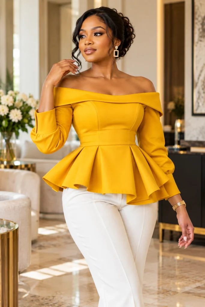 Elegant off-shoulder peplum blouse with a structured bodice and defined waist, styled as a modern chic peplum top and tailored blouse sewing ideas fashion design.
