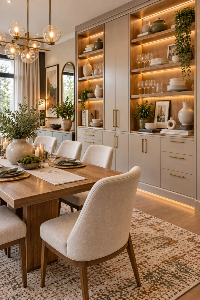 Open-and-closed modern dining storage cabinet with decorative shelves, concealed storage, elegant tableware, warm lighting, and stylish contemporary decor.