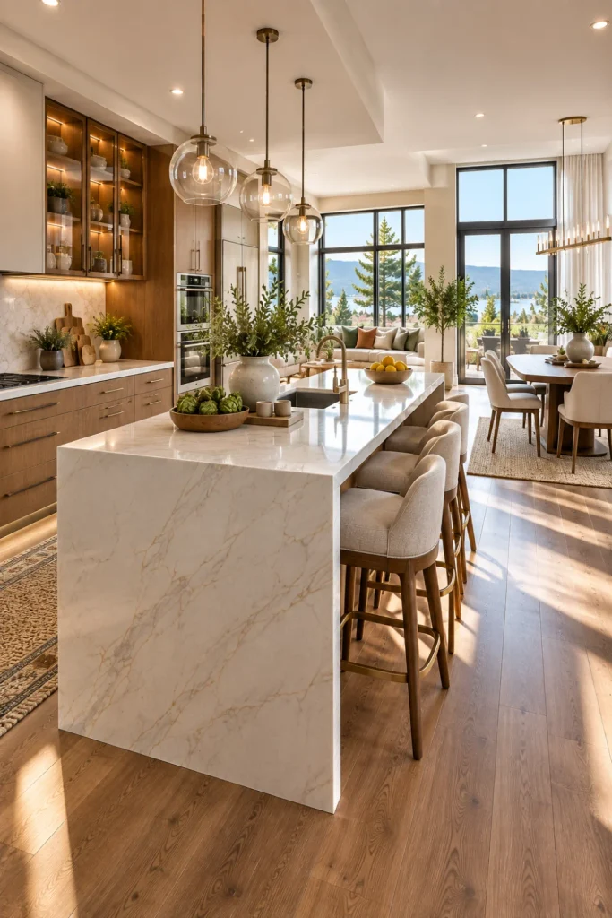 Modern open kitchen with natural light flow, large windows, warm wood cabinetry, luxury island, glass doors, and elegant contemporary decor.
